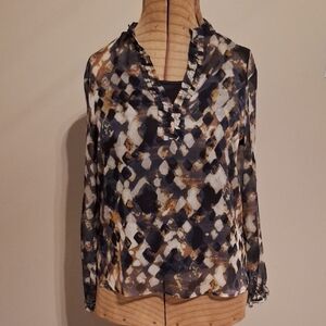 Simply Vera Vera Wang Sheer Abstract Blouse W/ Cami - Black, White, Tan